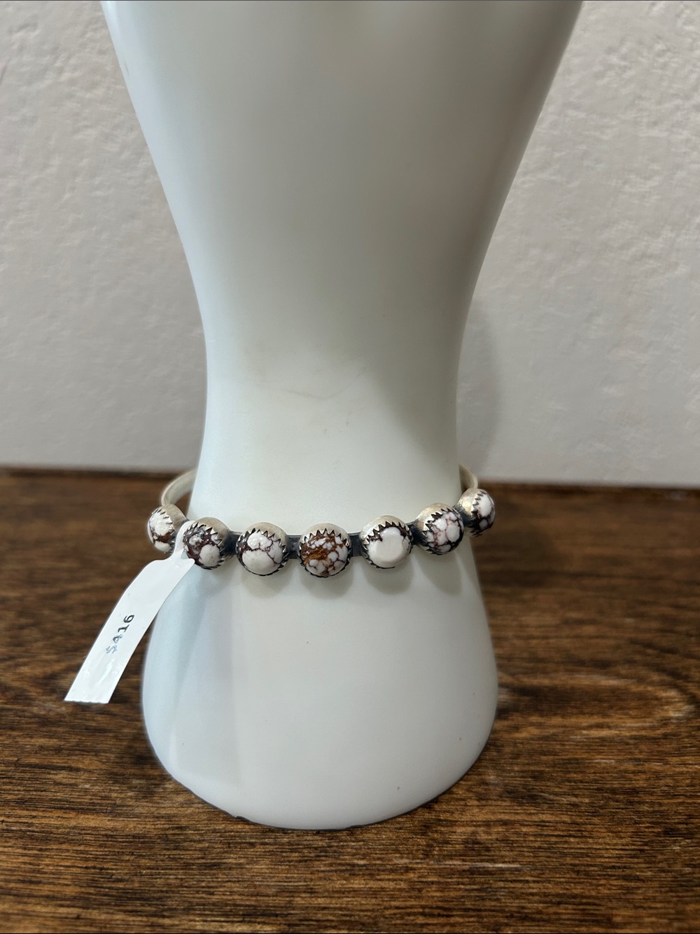 Silver Cuff Bracelet with White and Brown Bead Accents